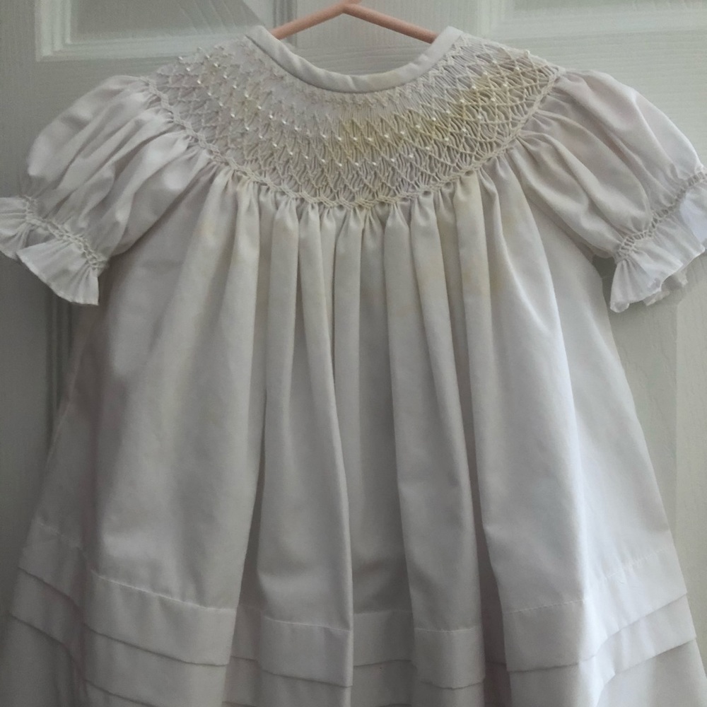 6 mo smocked white dress with pearl detail